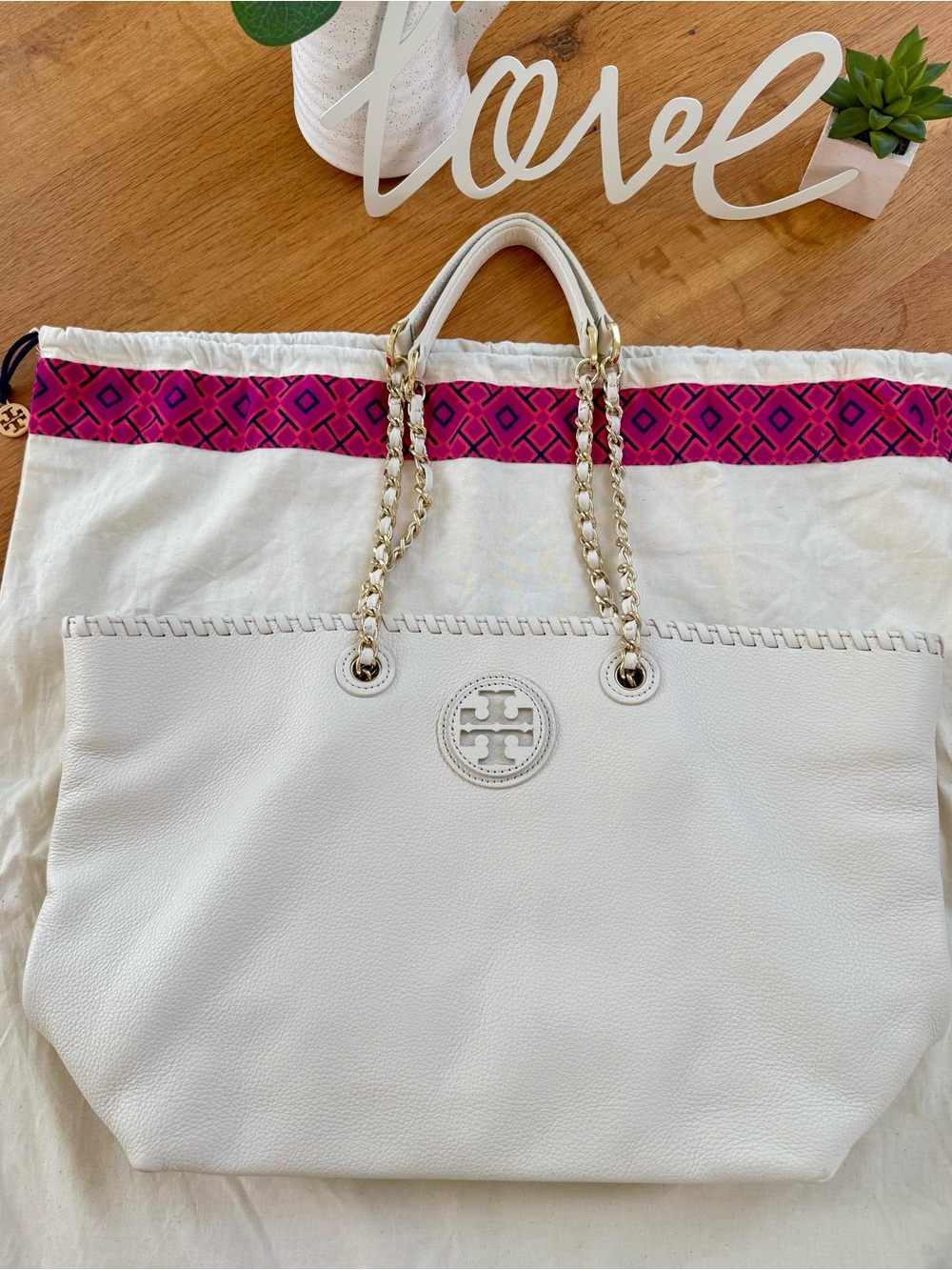 Tory Burch White Leather Chain-Handle Tote with
